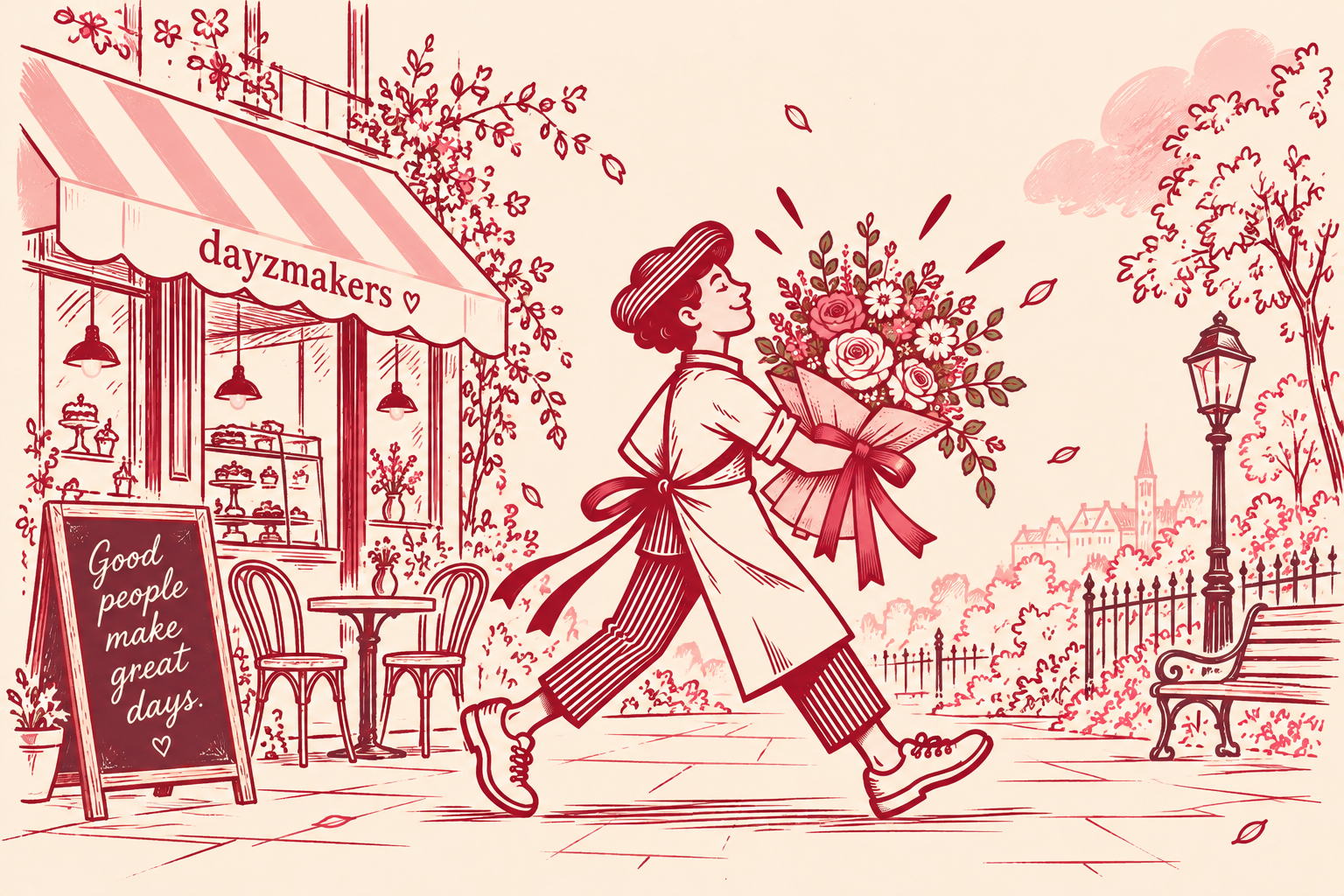 Vintage burgundy and blush illustration of a smiling florist in a beret and apron striding past the dayzmakers shopfront carrying a large wrapped bouquet, with a café table, park bench and lamppost behind and a chalkboard reading Good people make great days