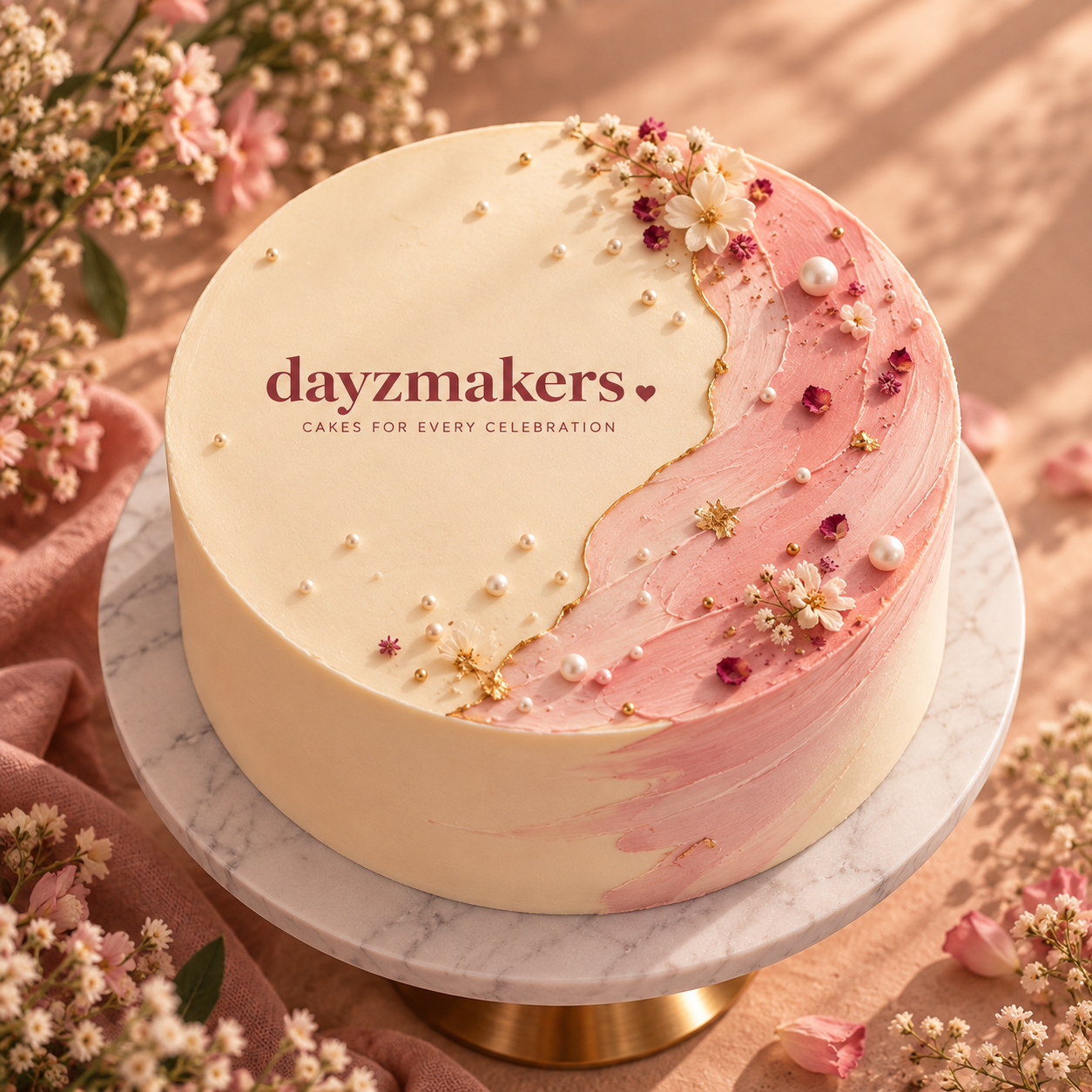 Single-tier ivory cake with blush pink swiped buttercream and a gold leaf seam, dotted with white pearls and sugar blossoms, printed with dayzmakers and Cakes for every celebration in burgundy, on a marble stand